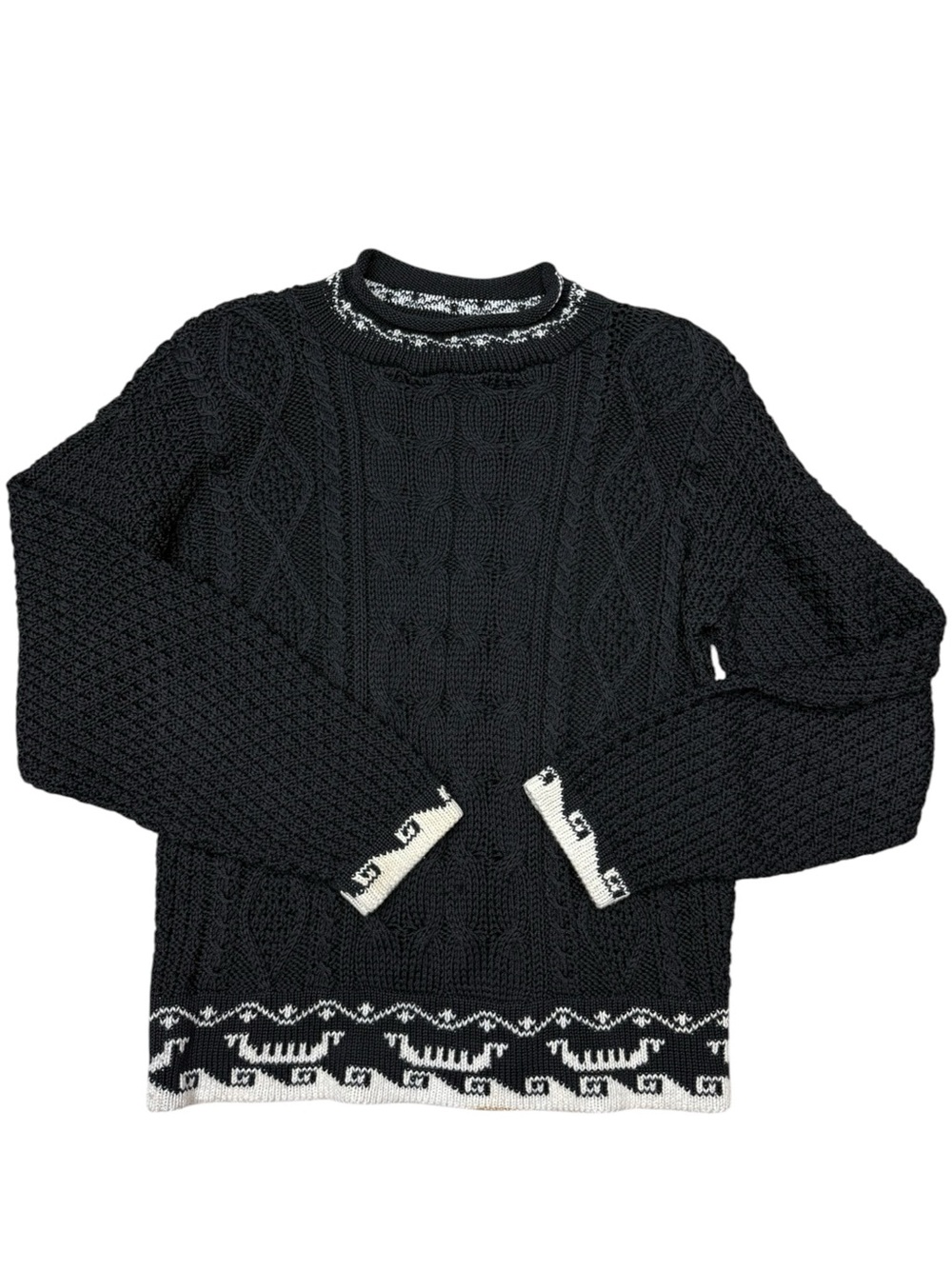 Vintage British Passages Black Cable Knit Sweater Fair Isle Trim Medium - Picture 1 of 12